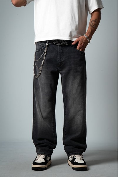 GRJ denim Pantaloni de blugi pentru bărbați, stil grunge, croială largă, negr...