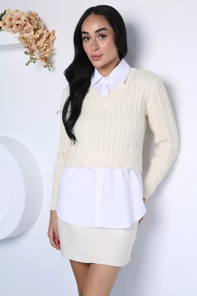 TOZLU Women's Shirt with Garnished Knit Detail and Knitwear Blouse (Suitable ...