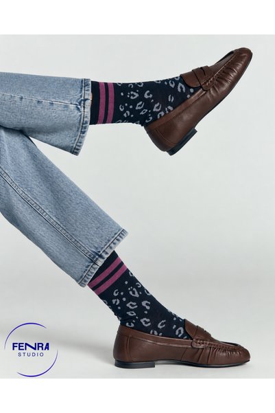 FENRA STUDIO Women's Cotton Leopard Patterned Navy Blue Circular Daily Socks