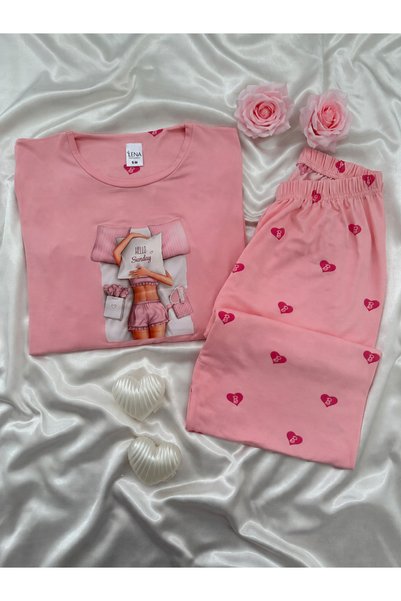 Lena Homewears طقم بيجامة ميلان بأكمام طويلة مع تفاصيل طباعة وردية