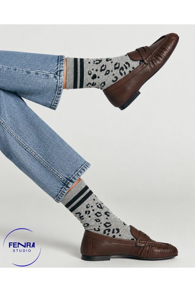FENRA STUDIO Women's Cotton Leopard Patterned Gray Circular Daily Socks