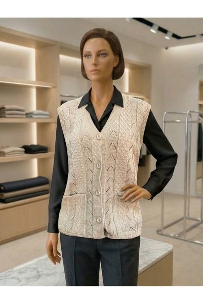 TUTUYA TEXTIL Kazayağı Örgü  Çeyizlik Günlük Cepli Triko Anne Yeleği Kışlık M...