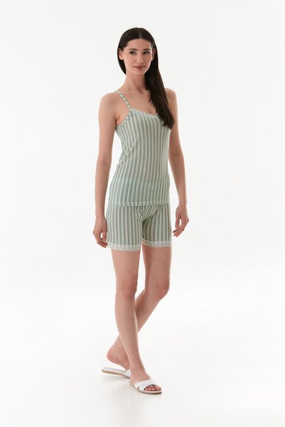 Fulla Moda Thick Striped Lace Shorts Pajama Set