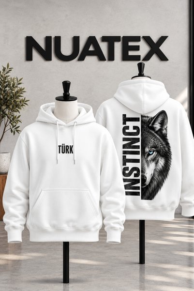 NUATEX سويت شيرت بطبعة وولف للجنسين، 3 خيوط، بقصة عادية، بجيب الكنغر، مع غطاء...