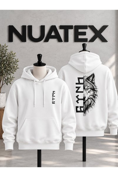 NUATEX سويت شيرت بطبعة وولف للجنسين، 3 خيوط، بقصة عادية، بجيب الكنغر، مع غطاء...