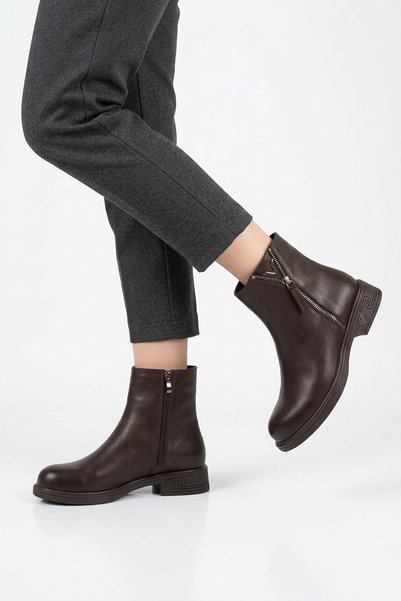 Moda Pie Frank Zipper Accessory V Buckle Women's Boots Brown Emerald