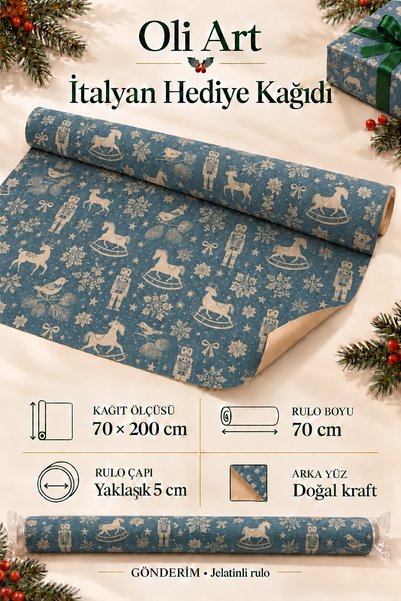 OLİ Art İtalyan Premium Hediye Paketleme Kağıdı - YENİ YIL KRAFT YEŞİL ATLI K...