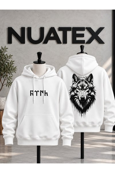 NUATEX سويت شيرت بطبعة وولف للجنسين، 3 خيوط، بقصة عادية، بجيب الكنغر، مع غطاء...