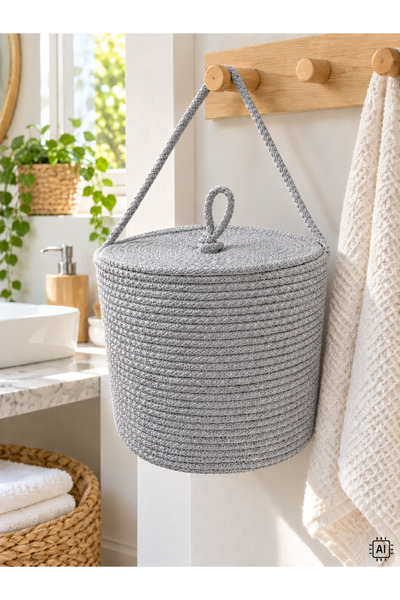 ÖRGÜM 25X20 cm Wicker Look Drawstring Basket with Lid and Hanger Multi-Purpos...