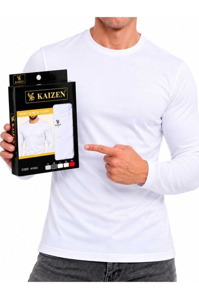 KAİZEN تيشيرت داخلي رجالي بياقة دائرية وأكمام طويلة – قطن صناعه تركي 4 قطع