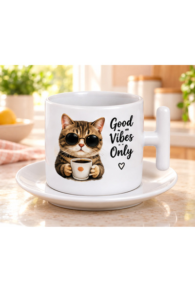 KADOREX DESIGN Good Vibes Only Turkish Coffee Cup with Cat Figure Wearing Glasses