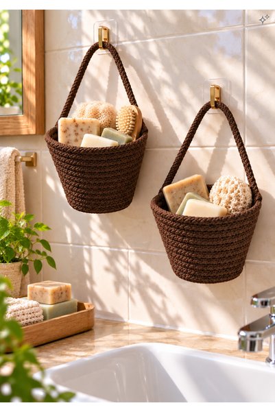 EGE ÖRGÜM 12X11 cm 2-Piece Hanging Bathroom Organizer Basket, Wicker Look Soa...