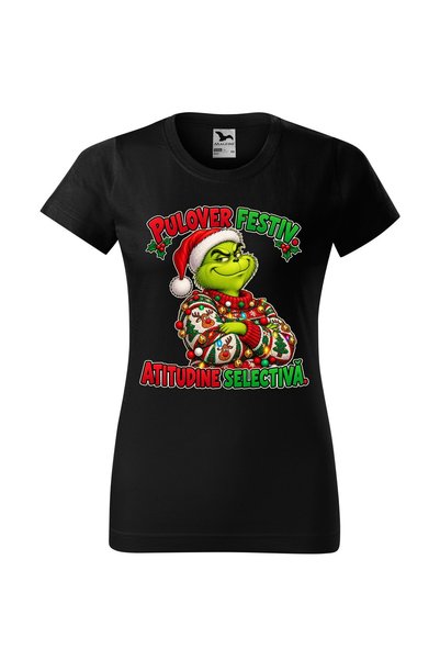 Malfini Tricou personalizat "Grinch - Pulover festiv", Negru, Dama, Bumbac 100%,