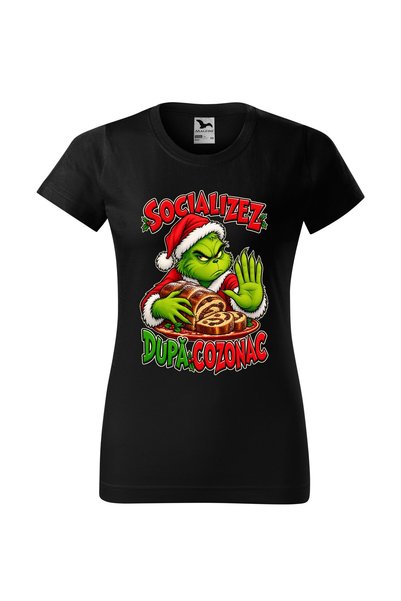 Malfini Tricou personalizat "Grinch - Socializez", Negru, Dama, Bumbac 100%,