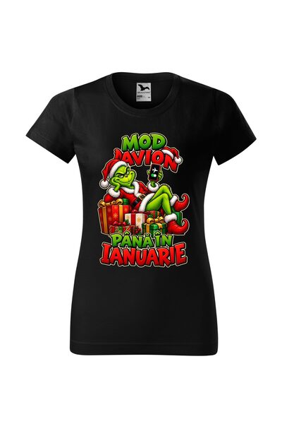 Malfini Tricou personalizat "Grinch - Mod Avion", Negru, Dama, Bumbac 100%,