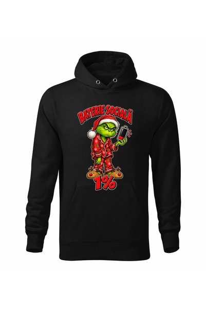 Malfini Hanorac personalizat "Grinch - Baterie sociala", Negru, Barbat, Unisex