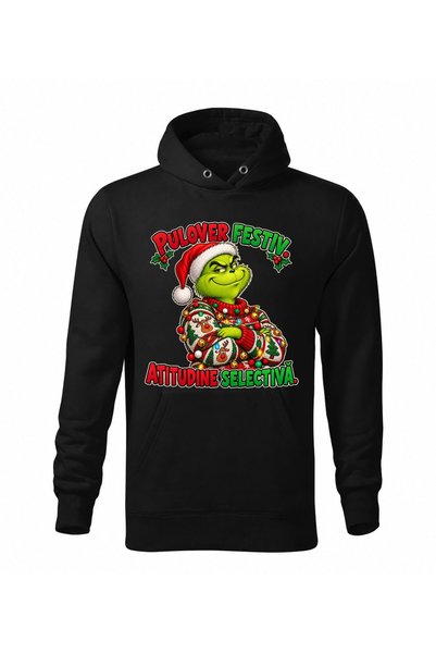 Malfini Hanorac personalizat "Grinch - Pulover festiv", Negru, Barbat, Unisex