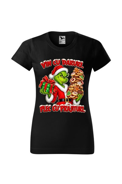 Malfini Tricou personalizat "Grinch - Vin cu daruri", Negru, Dama, Bumbac 100%,
