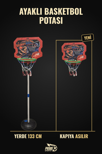 PRIME SPORTS Ayaklı Çocuk Basketbol Potası 133 cm Kapıya Asılabilir Su Haznel...