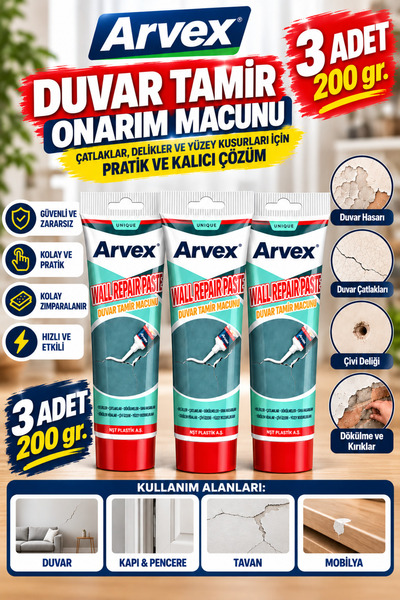 ARVEX 3’lü Duvar Onarım Macunu 3x200 Gr – Delik Çatlak Kapatıcı Tamir Dolgu M...