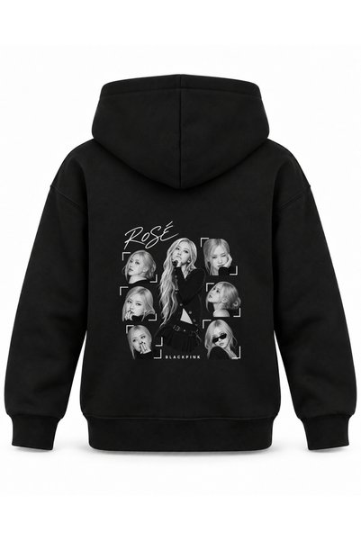 SVART WEAR هودي أسود للأطفال مطبوع عليه نوتات موسيقية من BLACKPINK ROSÉ