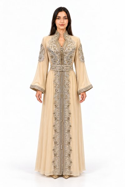 MOHAMED ZAHABI Women's Long Caftan with Shiny Stones and Pearl Work