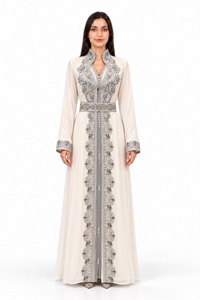 MOHAMED ZAHABI Women's Long Caftan with Embroidery and Shiny Stone Work and B...