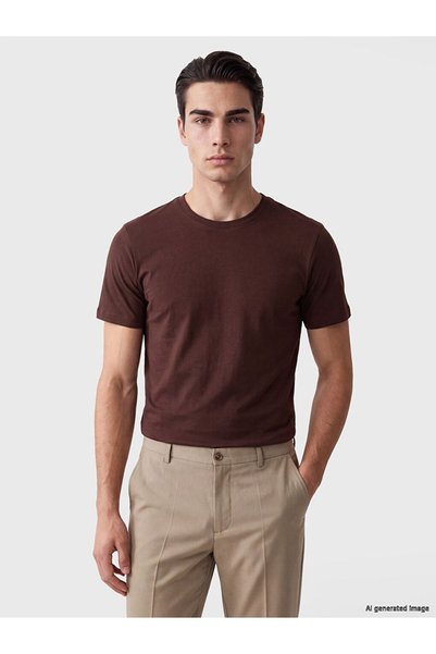 LC Waikiki Lcwaikiki Classic Brown Interlock Slim & Slim Short Sleeve Men's T...