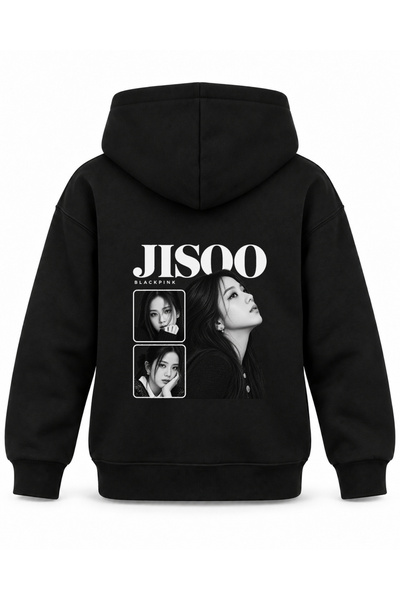 SVART WEAR هودي أسود للأطفال مطبوع عليه BLACKPINK JISOO Big Profile