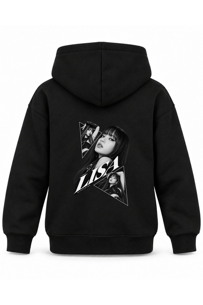 SVART WEAR هودي أسود للأطفال مطبوع عليه BLACKPINK LISA Sharp Diagonal