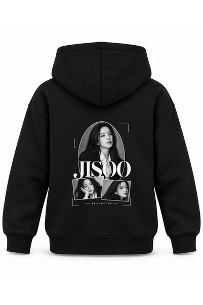SVART WEAR هودي أسود للأطفال مطبوع عليه BLACKPINK JISOO Oval Editorial