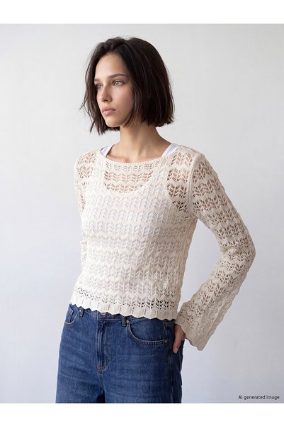 LC Waikiki Ozmarka New Season White Boat Neck Openwork Women's Knitwear Sweater