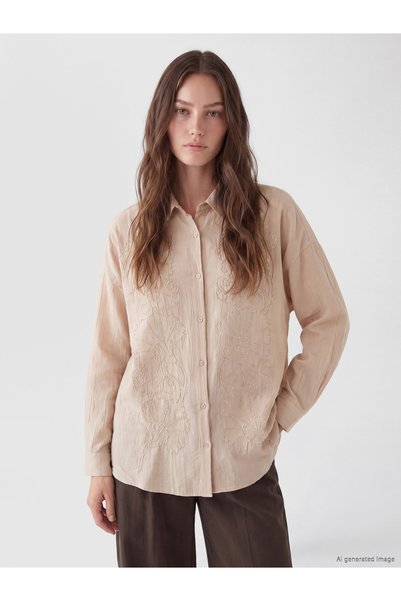 LC Waikiki قميص نسائي مطرز باللون البيج من LCW Modest من NEVAVM