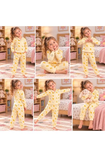 SERPİL Kız Çocuk Sarı Ördek Desenli Gömlek Yakalı Düğmeli Uzun Kollu Pijama Takımı Alt Üst Takım