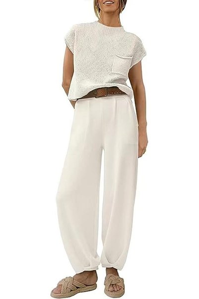 Arabest Women's 2-Piece Knitwear Set,Short Sleeve Blouse and Wide Leg Pants,S...