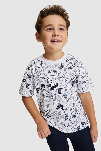 U.S. Polo Assn. Tricou alb pentru băieți, cu imprimeu grafic USPA, cu gât tur...