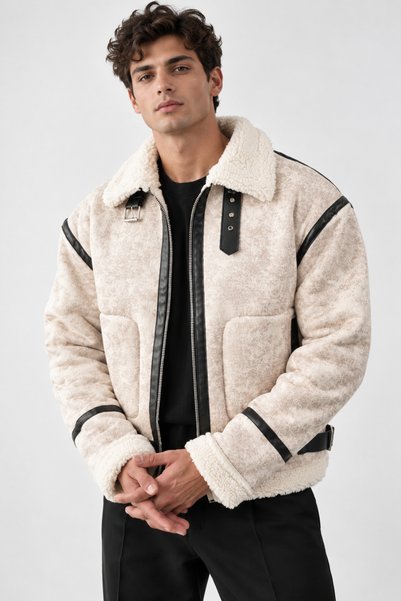 İLKCET MODA معطف رجالي من جلد الغزال مع ياقة من الفرو