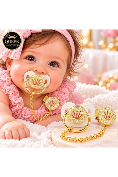 QUEEN AKSESUAR Baby Girl Luxury Design Royal Queen Crown Stoned Pacifier and ...