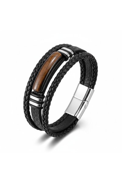 Alviro Brățară unisex din piele naturală și oțel 316L, ochi de tigru, neagră,...