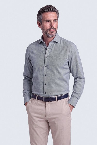 Bisse Gray Herringbone Patterned Long Sleeve Men's Shirt