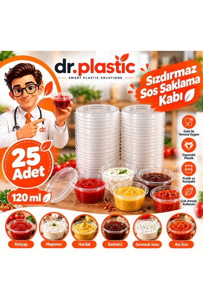 dr.plastic 120 ml Sızdırmaz Kapaklı Sos Saklama Kabı 25 Adet Şeffaf Plastik B...