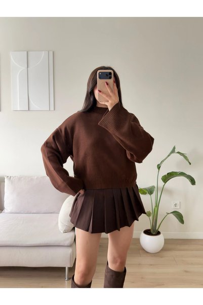 Zoom Butik Dik Yaka Oversize Triko Kazak - KAHVE