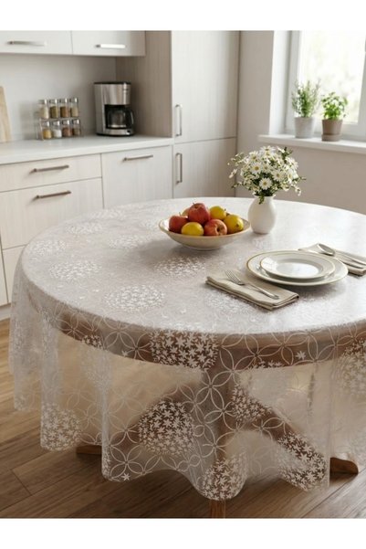 ELEGANCEV مفرش طاولة دائري شفاف منقوش بقطر 135 سم - BYZHLKA