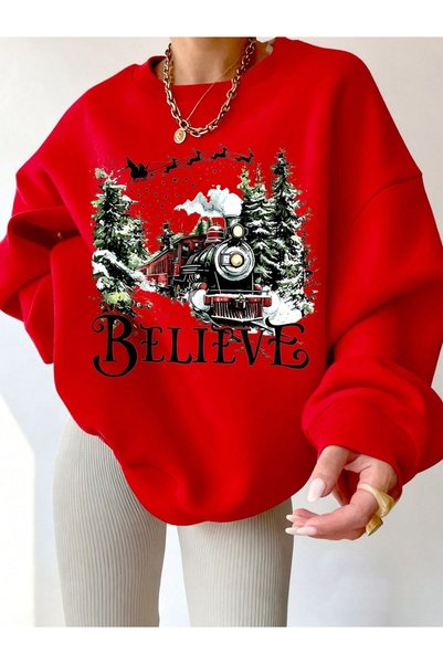 KOZZ STYLE Women's Fleece Lined 3 Thread Organic Cotton Oversize Christmas Sp...