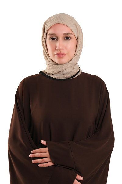 HÜRREM BONE Beige Muslin Scarf with Piping, Breathable Cotton Textured Crinkl...