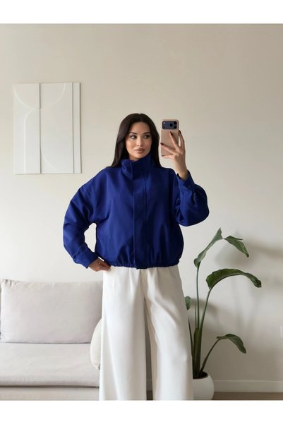 Zoom Butik Dik Yaka Bengalin Ceket - SAKS MAVİSİ