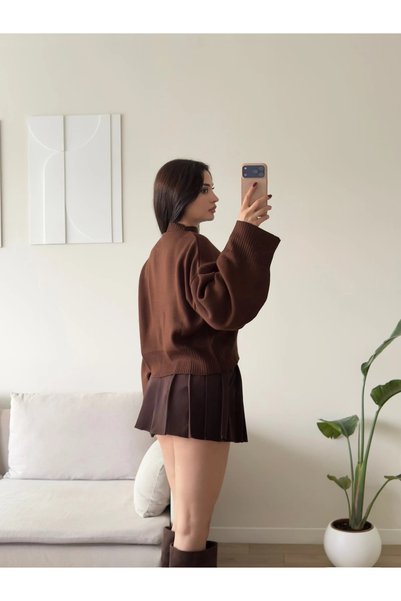 Zoom Butik Dik Yaka Oversize Triko Kazak - KAHVE