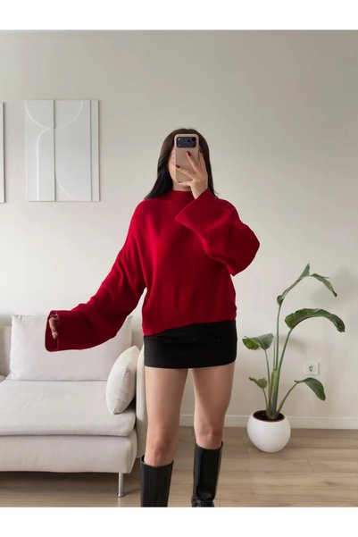 Zoom Butik Dik Yaka Oversize Triko Kazak - KIRMIZI