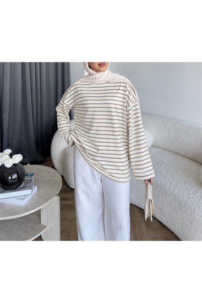 Hepsi Moda سويت شيرت مخطط برقبة دائرية - 2492 - كاميل وإكرو (ÖS)