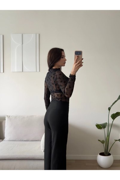 Zoom Butik Floral Desen Tül Bluz - SİYAH